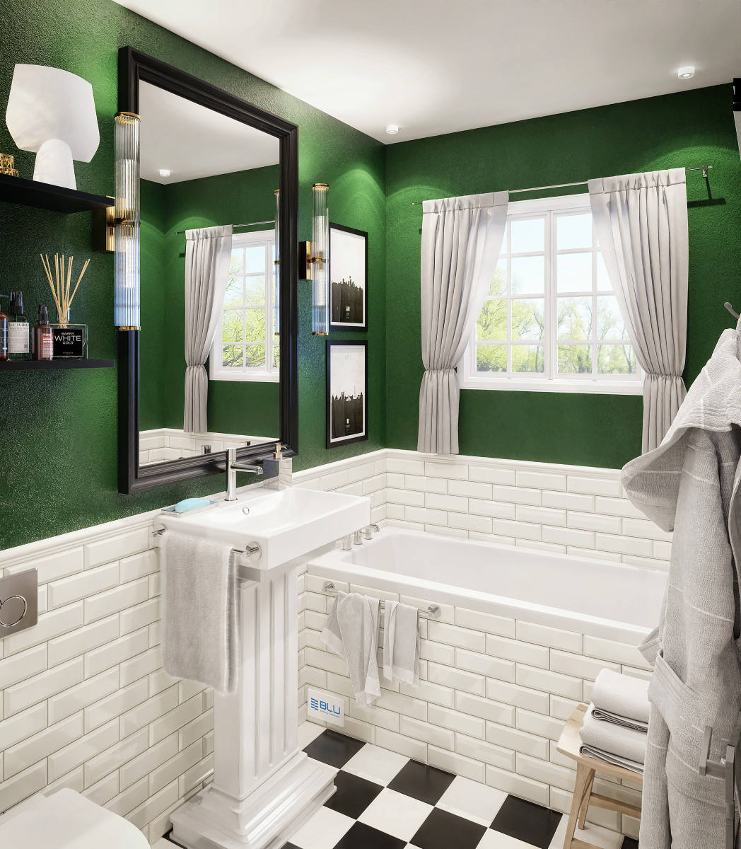 Biało - zielona łazienka z wanną.